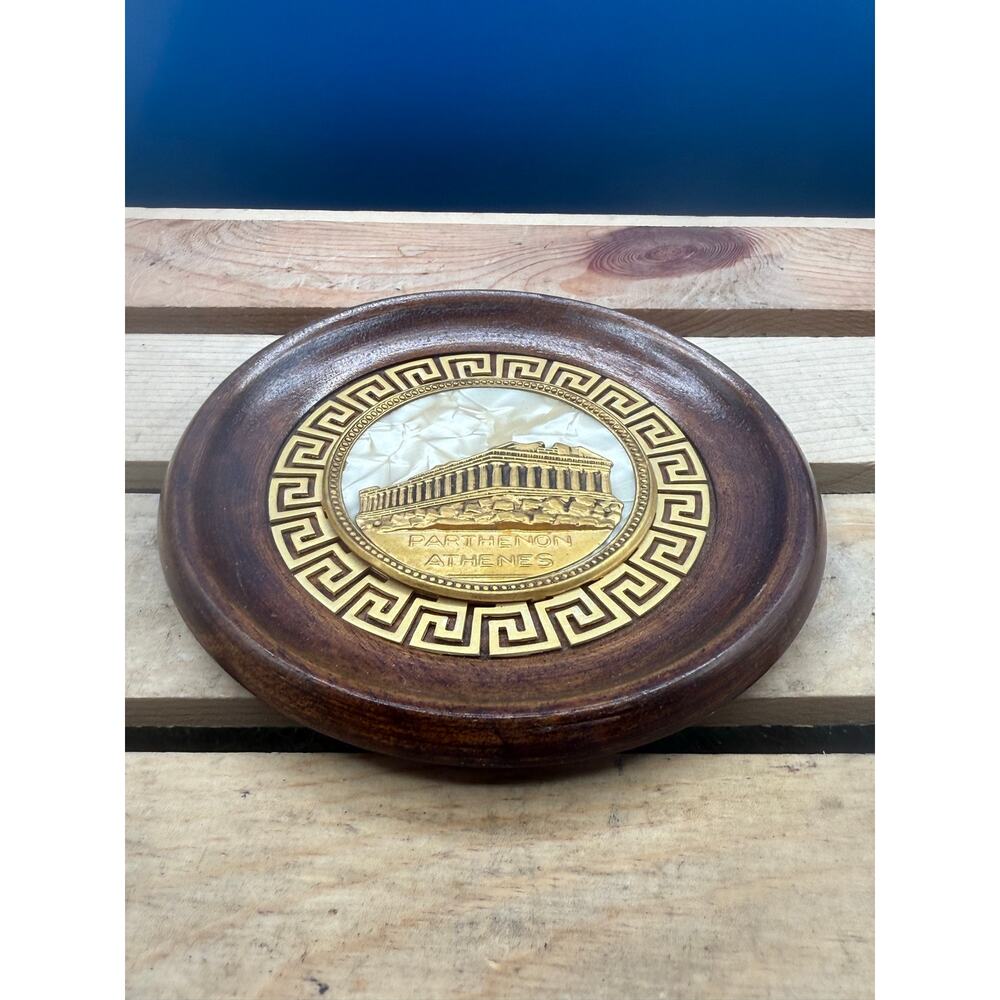 Vintage Athens Greece Parthenon Souvenir Brass & Mother of Pearl WoodWall Plaque - Picture 4 of 8